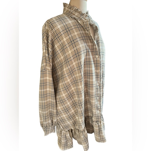 PrettyLittleThing Ivory,Beige & Black Plaid Ruffle Collar, Shirt Dress Size 10 - Picture 3 of 10